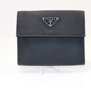 Prada Black Nylon Saffiano Leather Tri-Fold Wallet Coin Pocket Italy